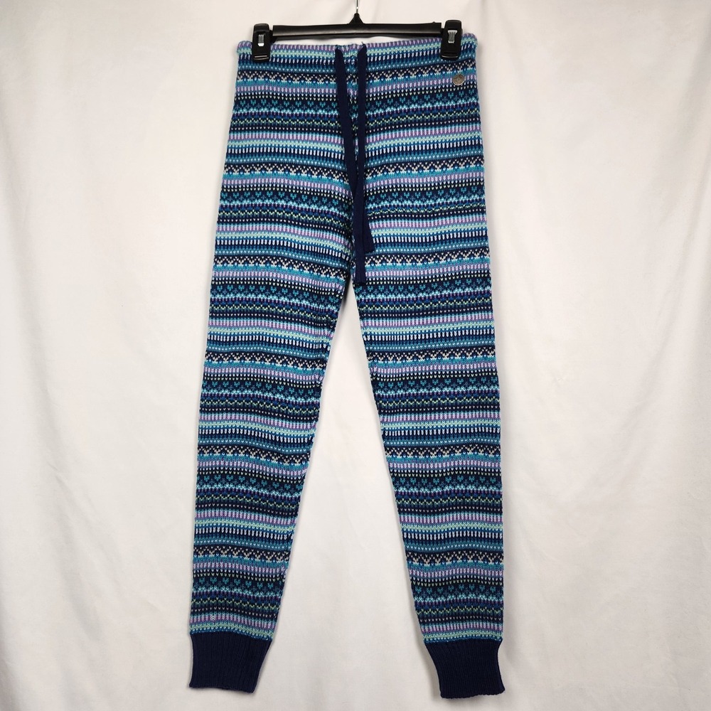 Sugar And Bruno Acrylic Knit Leggings Small Blue Fair‎ Isle Warm Cozy Drawstring